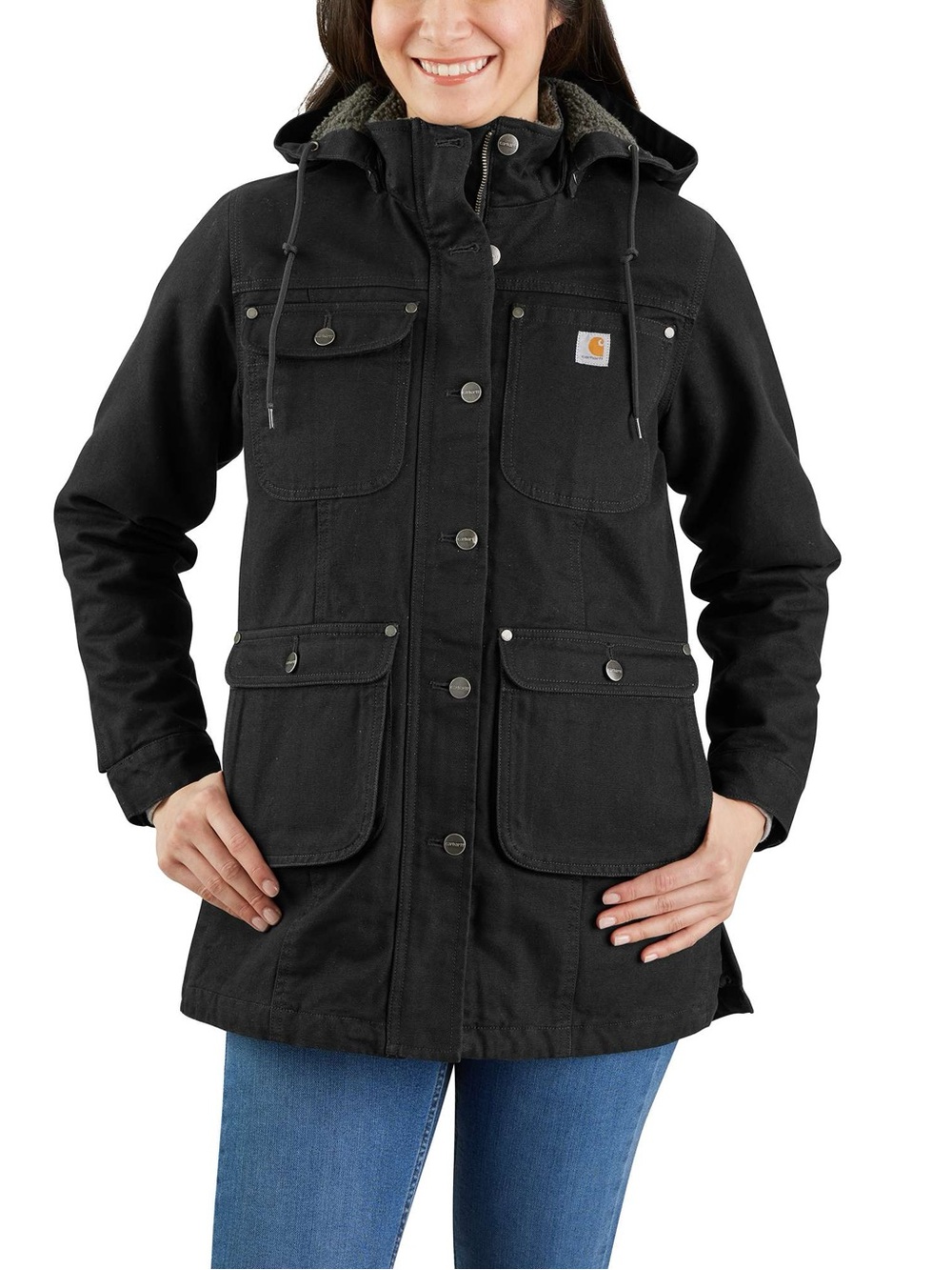 Womens Coat Carhartt Large Black Weathered Duck Sherpa Lined Utility OC5512-W